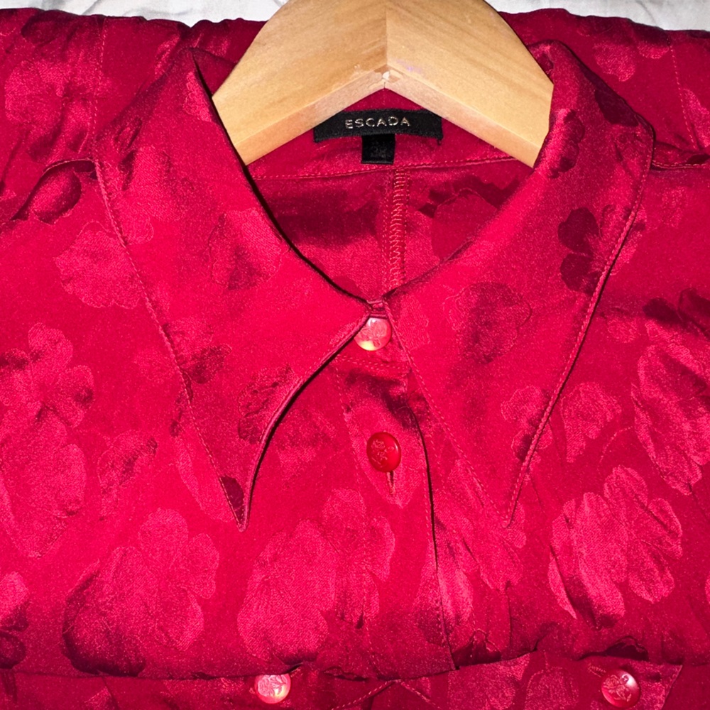 Vintage Escada Red Long Sleeve Button-Down Blouse - Silky & Stretchy